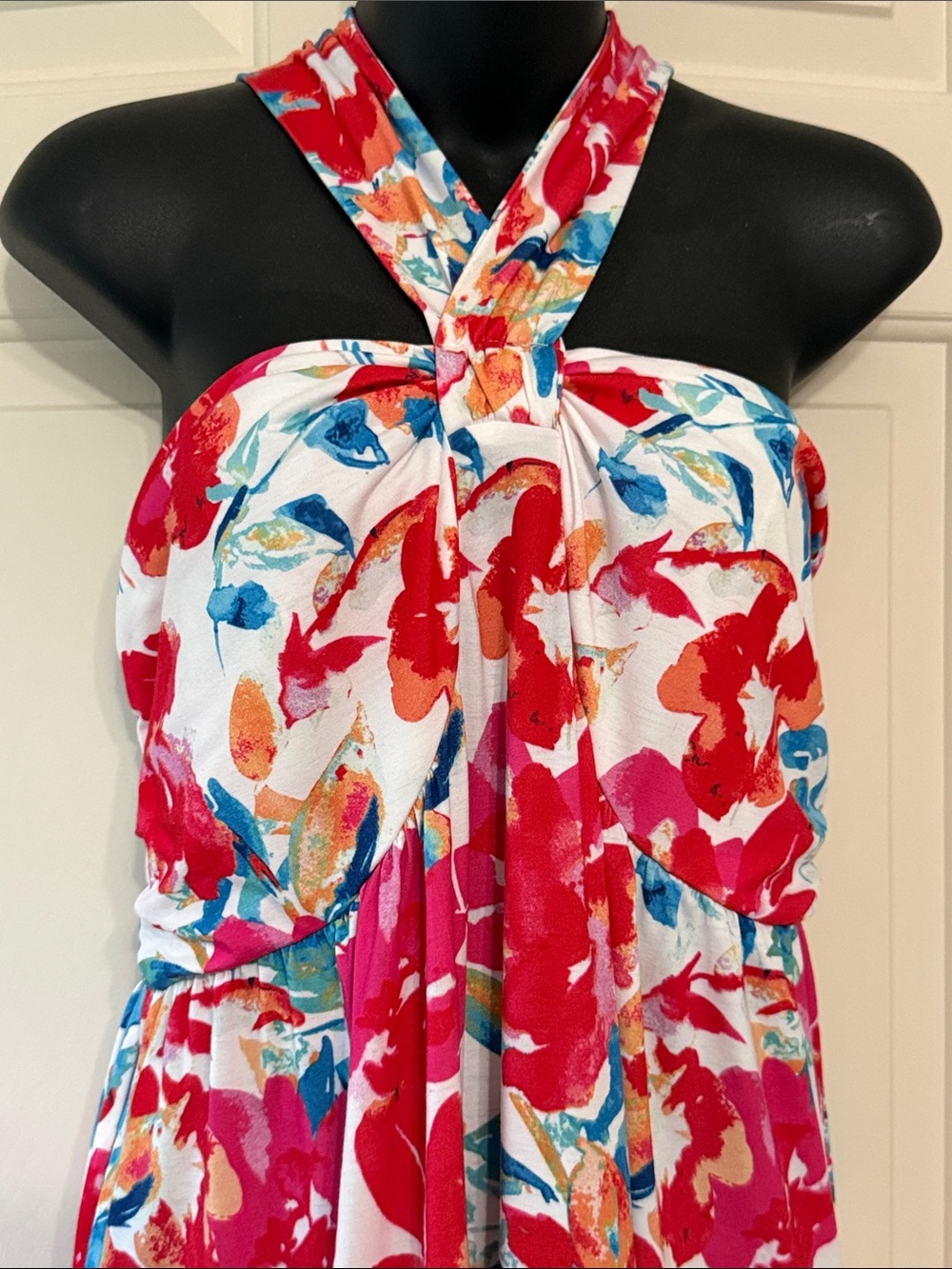 Grace Karin White Maxi Dress with Pink, Red & Blue Floral Print